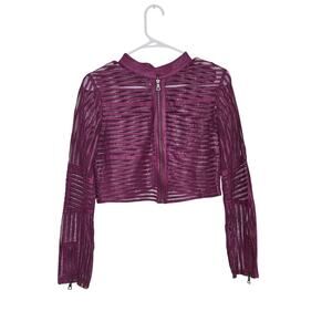 Vintage Y2K Purple Faux Leather & Mesh Strip Crop Motorcycle Jacket Womens Sz M